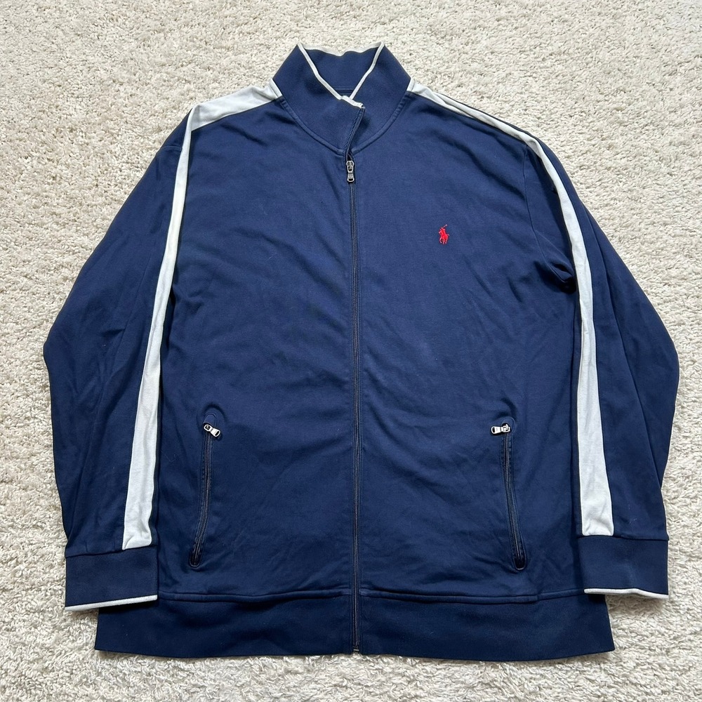 Polo Ralph Lauren Track Jacket XLT Tall Navy Blue White Stripe Full Zip Pony